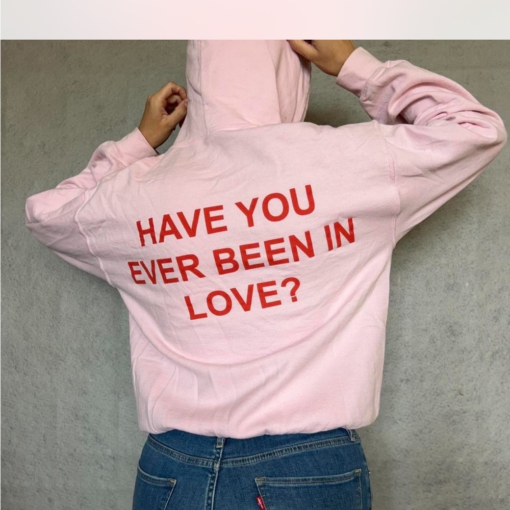Pink Hoodie with Red Text